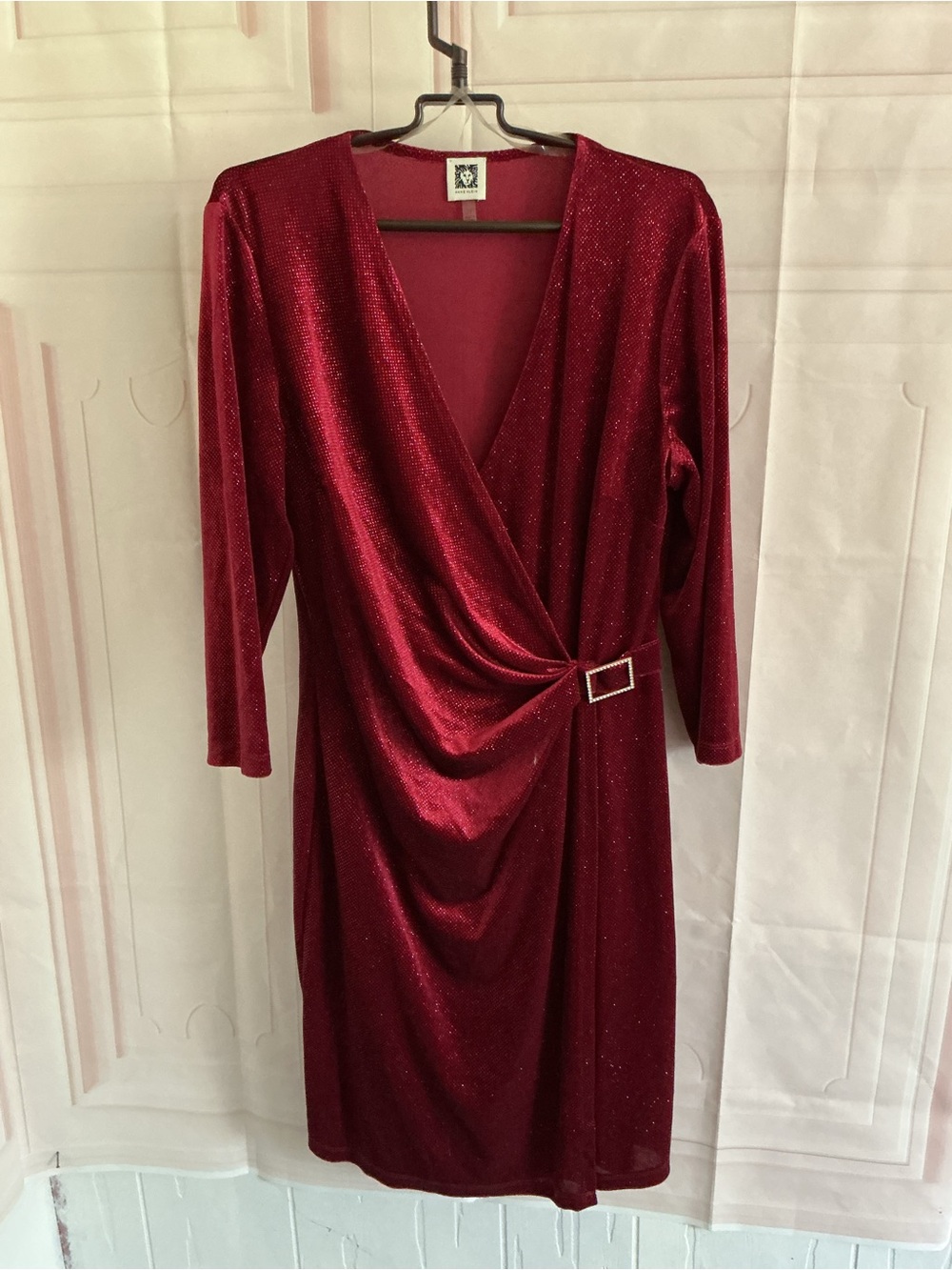 Anne Klein Red Sparkle Wrap-Style Long Sleeve Dress